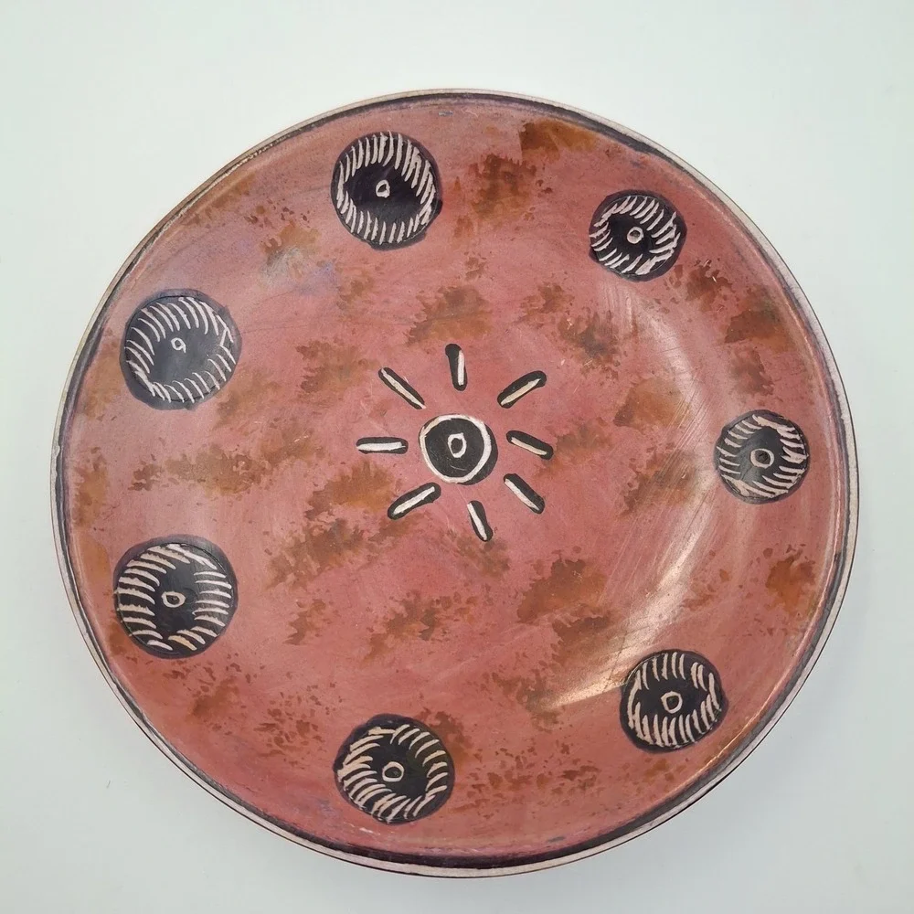 Vintage Southwest Redware Pottery Plate Hand Etched Sun Sgraffito 6